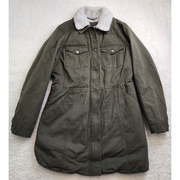 Steve Madden Jacket Coat Sm Army Green Zip Button Chore Sherpa Collar Pockets - Picture 1 of 13